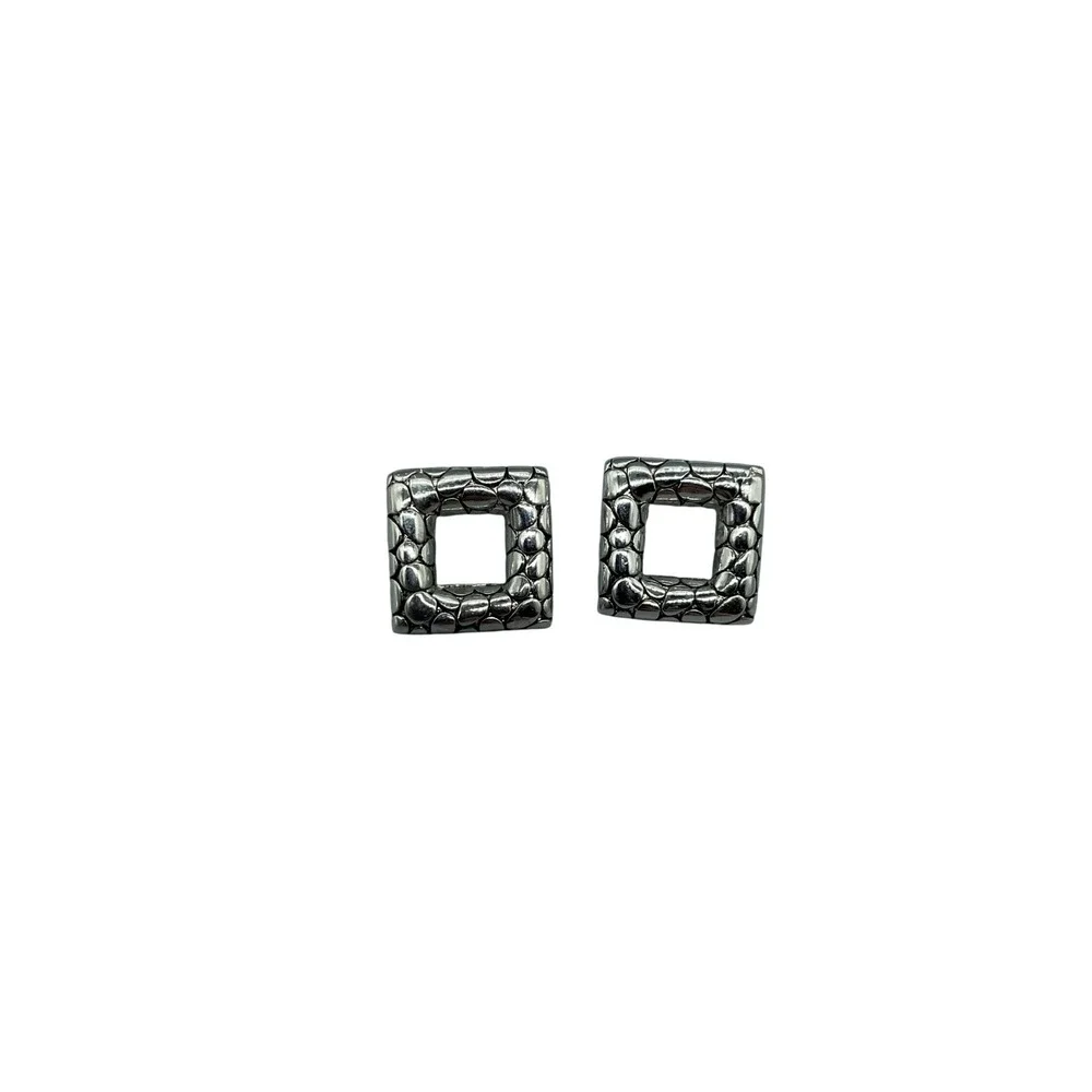 Silver Tone Textured Pebble Square Stud Earrings Open‎ Geometric Post Backs